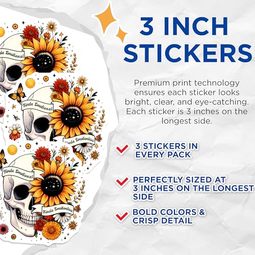 (3 Pack) Floral Skull Decals - Kinda Emotional - Laptop Decals - 3 Inches On Longest Side - Easy Peel & Apply - Made in USA - 3MCS6140