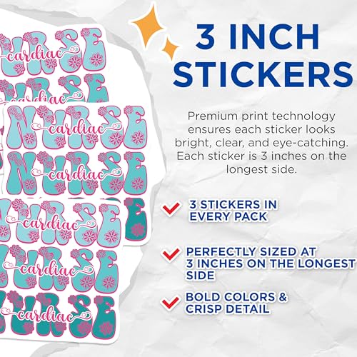 (3 Pack) Cardiac Nurse Decals - Floral Nurse Stickers - Medical Professional Decorations - 3 Inches On Longest Side - Easy Peel & Apply - Made in USA - 3MCS7894