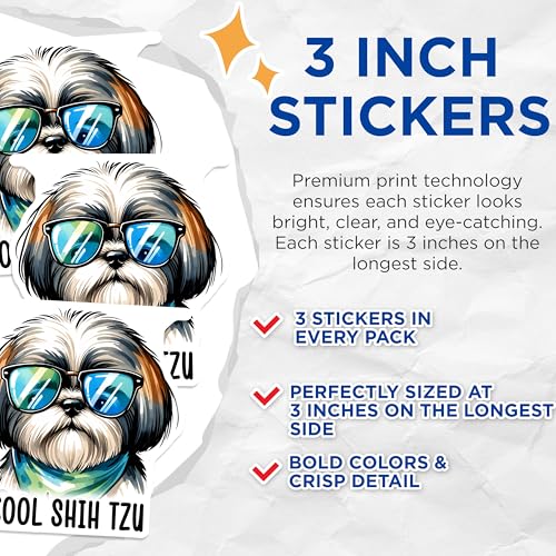 (3 Pack) Cool Shih Tzu Decals - Dog Lover Stickers - Laptop Decor - 3 Inches On Longest Side - Easy Peel & Apply - Made in USA - 3MCS2412