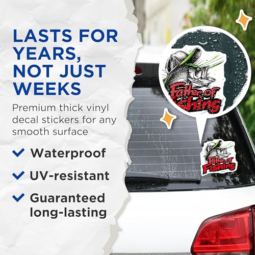 (2 Pack) Father of Fishing Stickers - Fish Dad Stickers - Outdoorsman Fishing Stickers - Fisherman Decal - 5" On Longest Side - Sticks to Any Smooth Flat Surface - Made in USA - BMCS3449