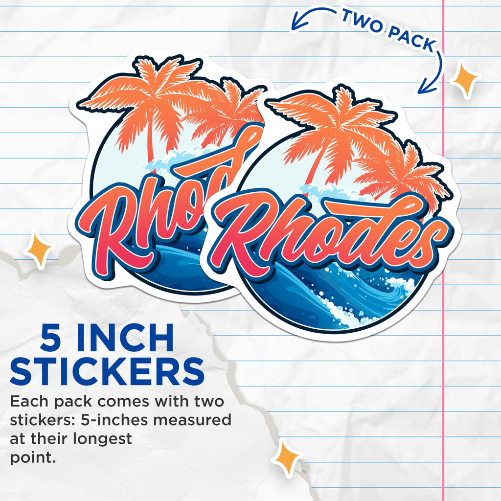 (2 Pack) Rhodes Stickers - Greek Island Decal - Tropical Palm Tree Souvenir - 5" On Longest Side - Sticks to Smooth Flat Surfaces - Made in USA - BMCS17214