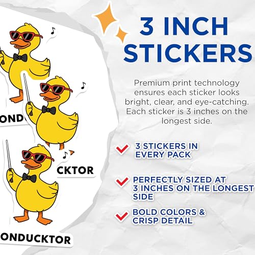 (3 Pack) Conducktor Decals - Duck Conductor - Funny Duck - Laptop Decal - 3 Inches On Longest Side - Easy Peel & Apply - Made in USA - 3MCS8714
