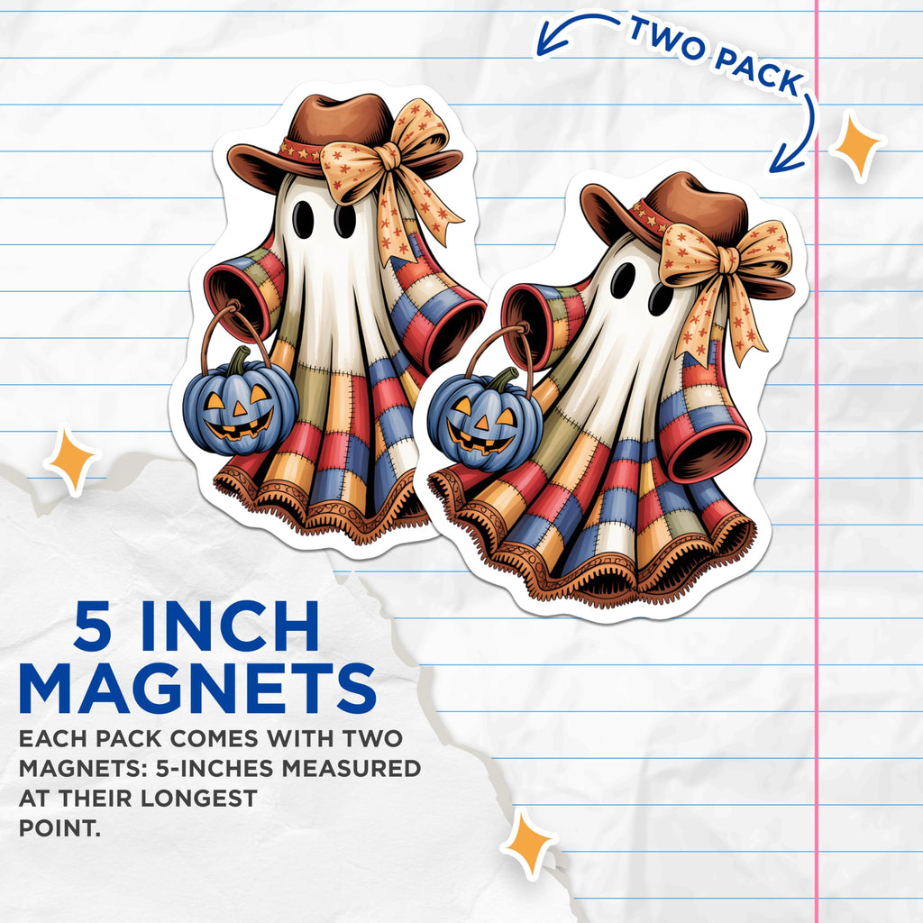 (2 Pack) Cowboy Ghost Magnets - Halloween Western Decor - Spooky Patchwork Art - JackoLantern - Cute Southern Haunting - 5 Inches On Longest Side - Thick Durable Magnet - Made in USA - MAG20292