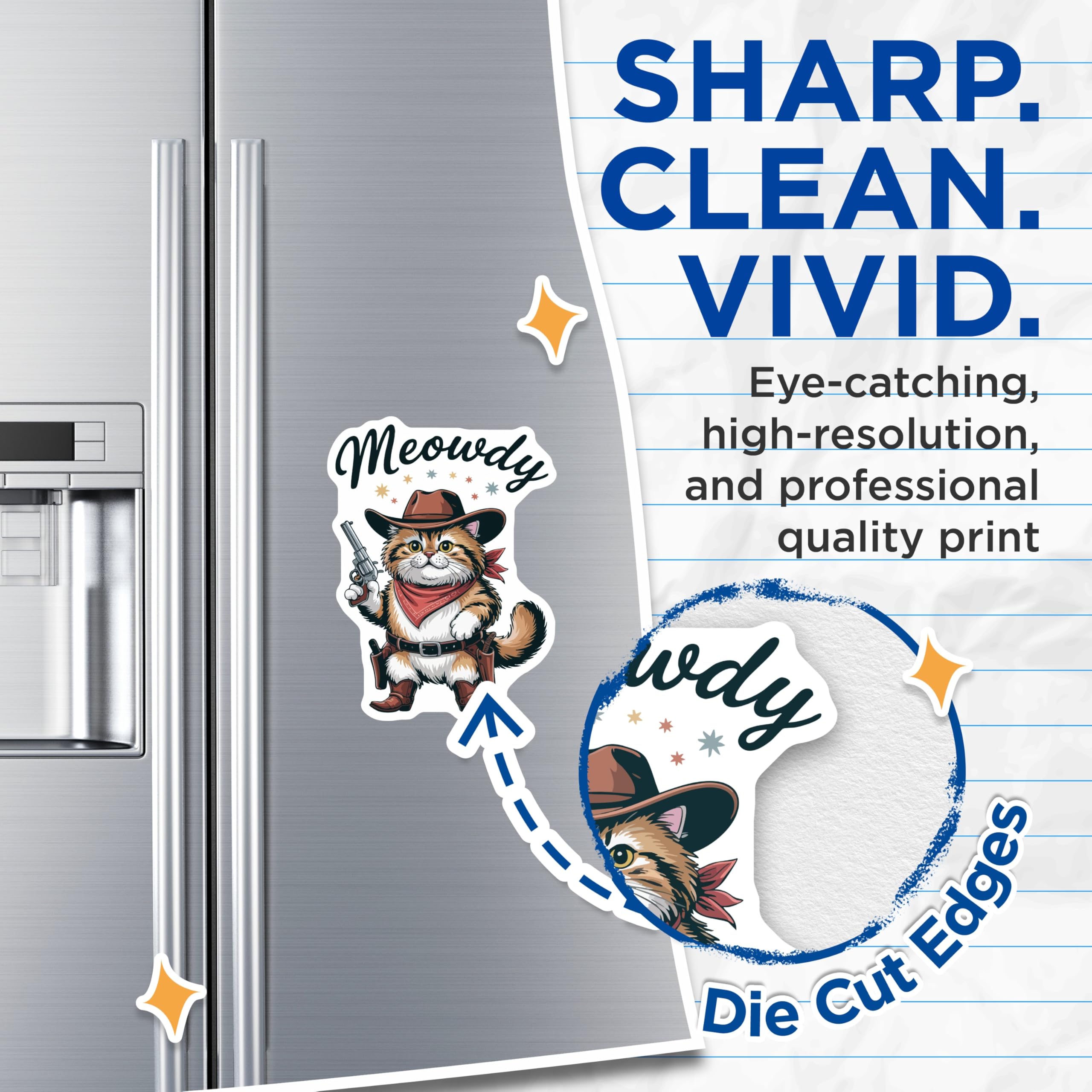 (2 Pack) Meowdy Cowboy Cat Magnets - Funny Western Kitty with Revolver Art - Wild West Feline Refrigerator Decor - 5 Inches On Longest Side - Thick Durable Magnet - Made in USA - MAG21261