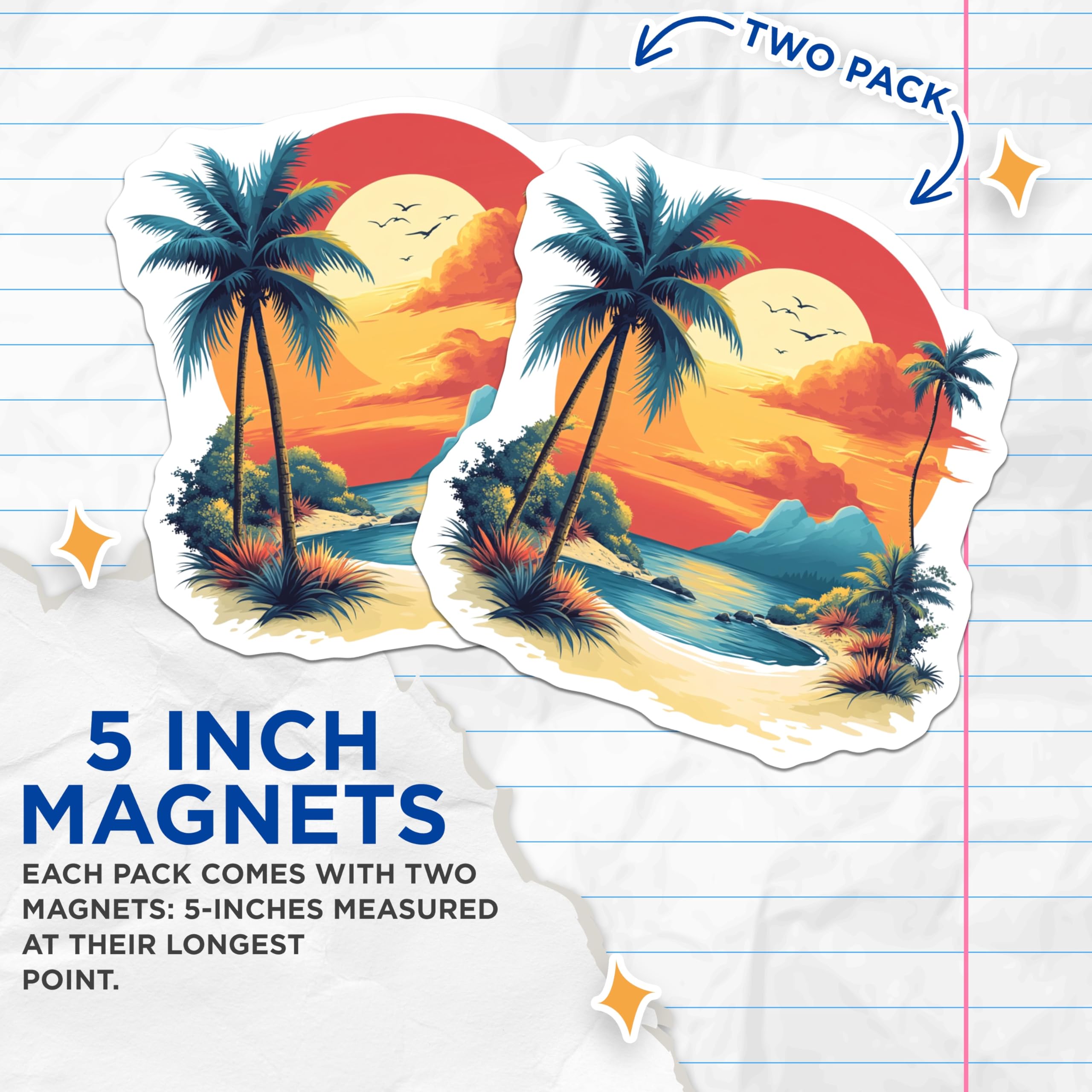 (2 Pack) Tropical Sunset Beach Magnets - Palm Tree Ocean View - Island Vacation Decor - 5 Inches On Longest Side - Thick Durable Magnet - Made in USA - MAG30628