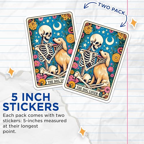 (2 Pack) Dog Lover Skeleton Stickers - Cute Dog Skeleton Art - Fun Loving Dog Skeleton Decal - 5" On Longest Side - Sticks to Smooth Flat Surfaces - Made in USA - BMCS4688