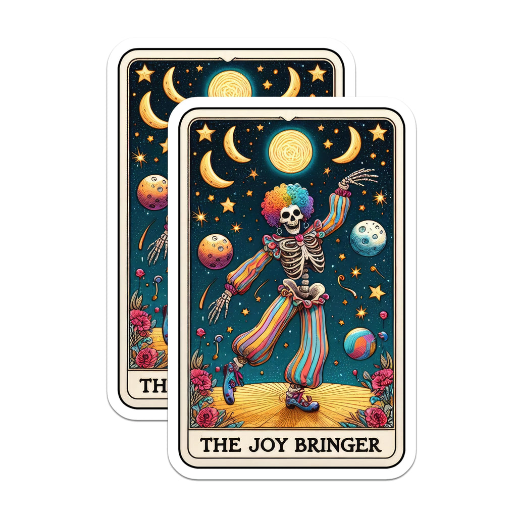 (2 Pack) Rainbow Clown Skeleton Magnets - Joy Bringer Tarot Art - Whimsical Celestial Decor - 5 Inches On Longest Side - Thick Durable Magnet - Made in USA - MAG23129