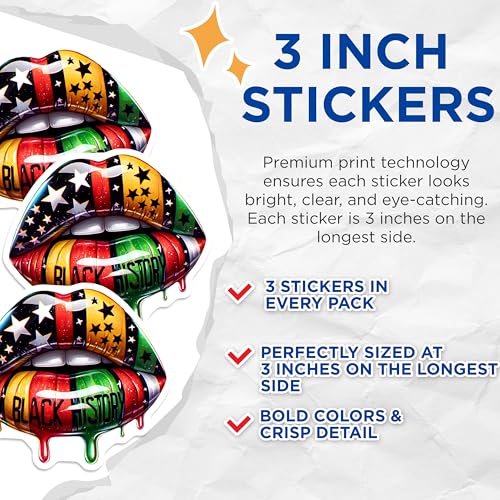(3 Pack) Black History Lips Decals - Drip Art Stickers - Laptop Decorations - 3 Inches On Longest Side - Easy Peel & Apply - Made in USA - 3MCS6626