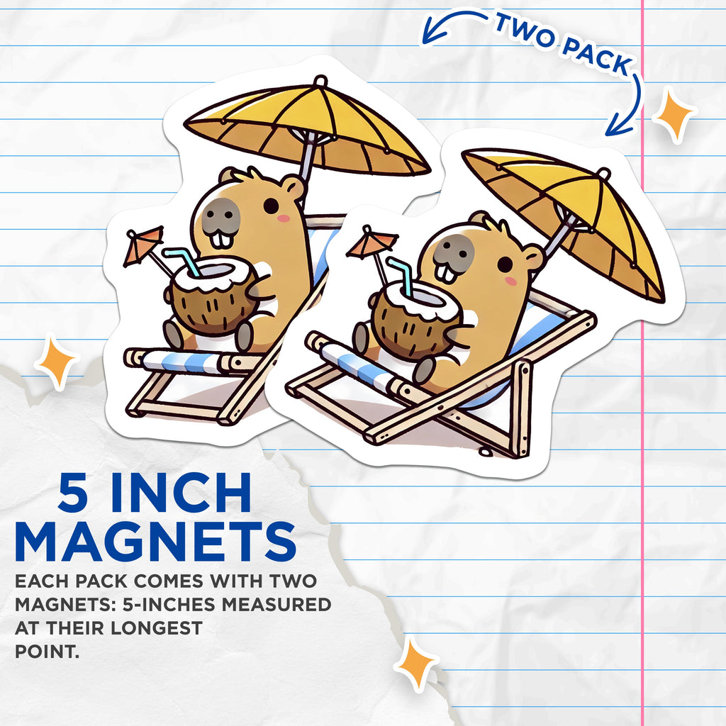 (2 Pack) Cute Capybara Magnets - Relaxing Beach Vibe - Summer Vacation Animal Refrigerator Decor - 5 Inches On Longest Side - Thick Durable Magnet - Made in USA - MAG39966