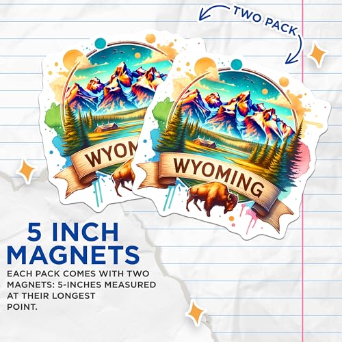 (2 Pack) Wyoming Magnets - Mountain Landscape Artwork - Nature Scene Refrigerator Magnets - 5" On Longest Side - for Cars, Fridges, Toolboxes - Made in USA - MAG6629