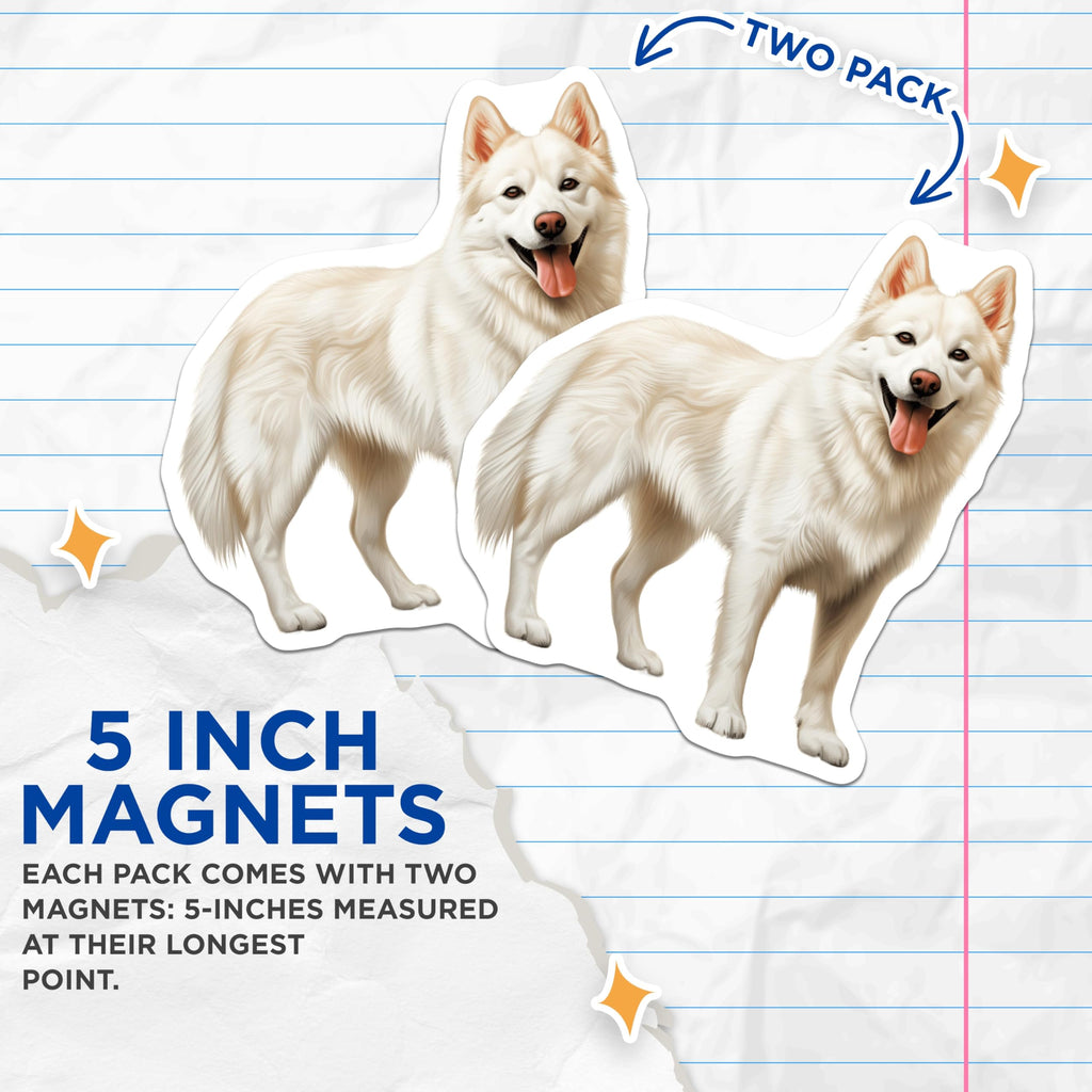 (2 Pack) White Fluffy Dog Magnets - Happy Samoyed Art - Dog Mom Refrigerator Decor - 5 Inches On Longest Side - Thick Durable Magnet - Made in USA - MAG30632