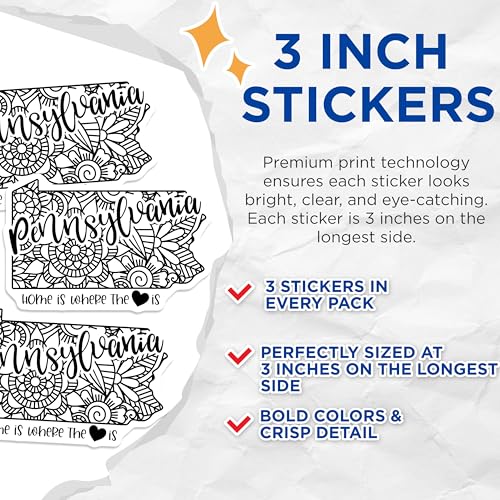 (3 Pack) Pennsylvania Decals - Home State Decals - Floral State Decal - 3 Inches On Longest Side - Easy Peel & Apply - Made in USA - 3MCS7851