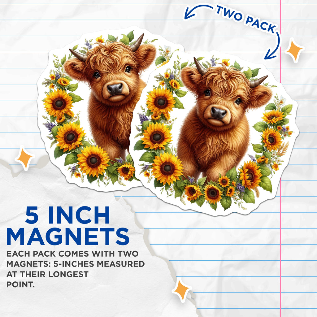 (2 Pack) Cute Highland Cow Magnets - Sunflower Farmhouse Decor - Adorable Animal Kitchen Art Refrigerator - 5 Inches On Longest Side - Thick Durable Magnet - Made in USA - MAG38876