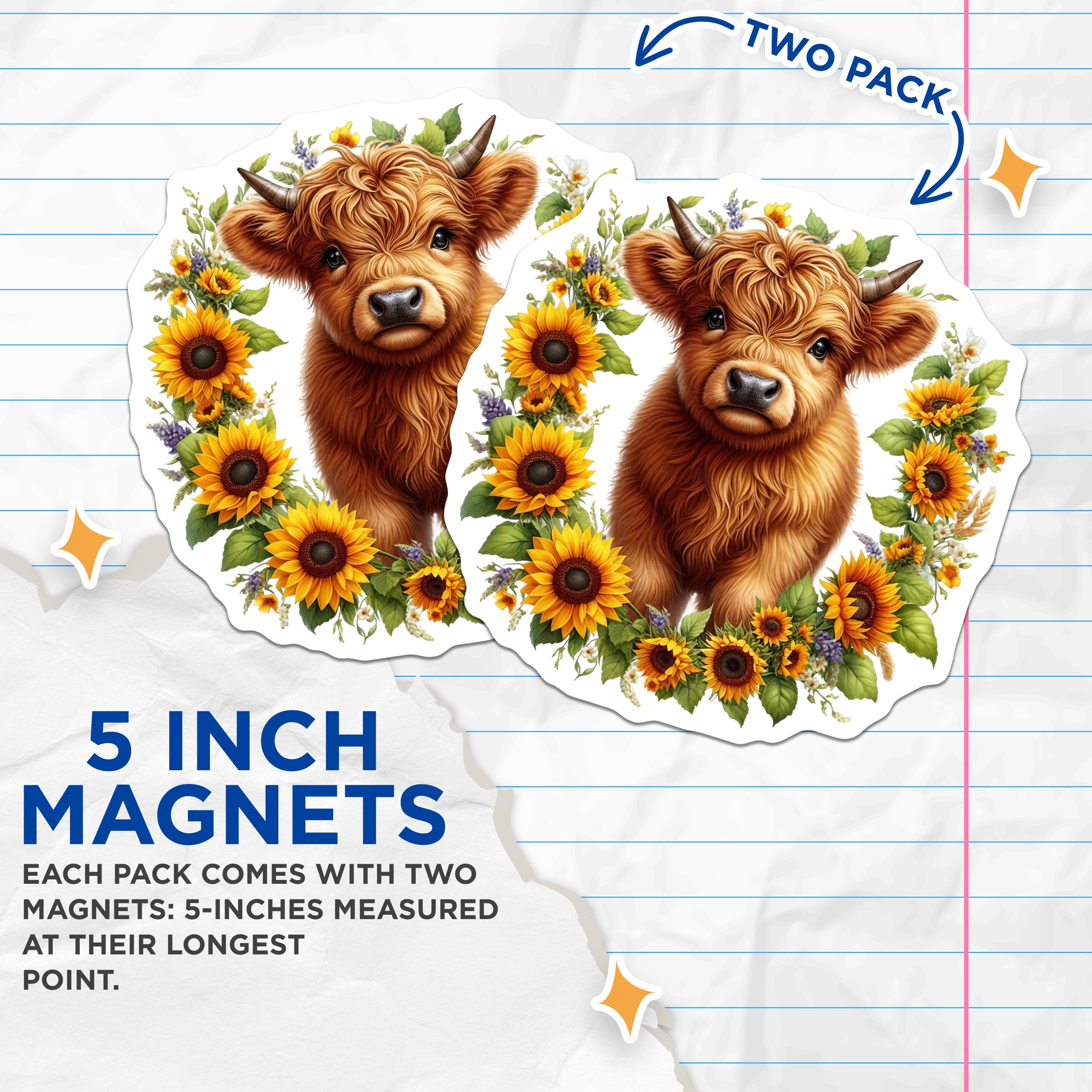 (2 Pack) Cute Highland Cow Magnets - Sunflower Farmhouse Decor - Adorable Animal Kitchen Art Refrigerator - 5 Inches On Longest Side - Thick Durable Magnet - Made in USA - MAG38876