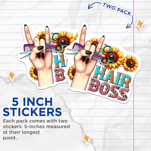 (2 Pack) Hair Boss Stickers - Sunflower Scissors - Salon Owner Decal - 5" On Longest Side - Sticks to Smooth Flat Surfaces - Made in USA - BMCS7581