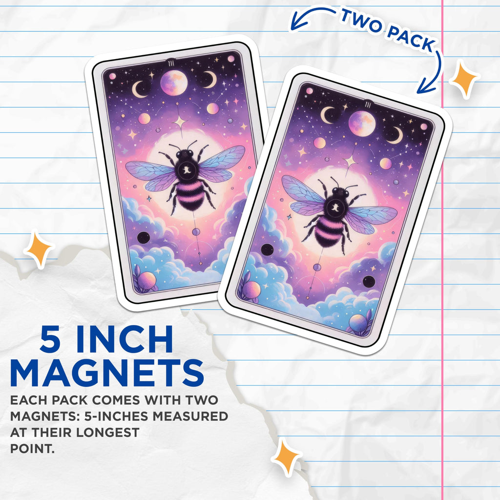 (2 Pack) Magical Bee Magnets - Celestial Moon Phase Artwork - Whimsical Starry Sky Insect Decor - Mystic Honeybee Design - 5 Inches On Longest Side - Thick Durable Magnet - Made in USA - MAG22378