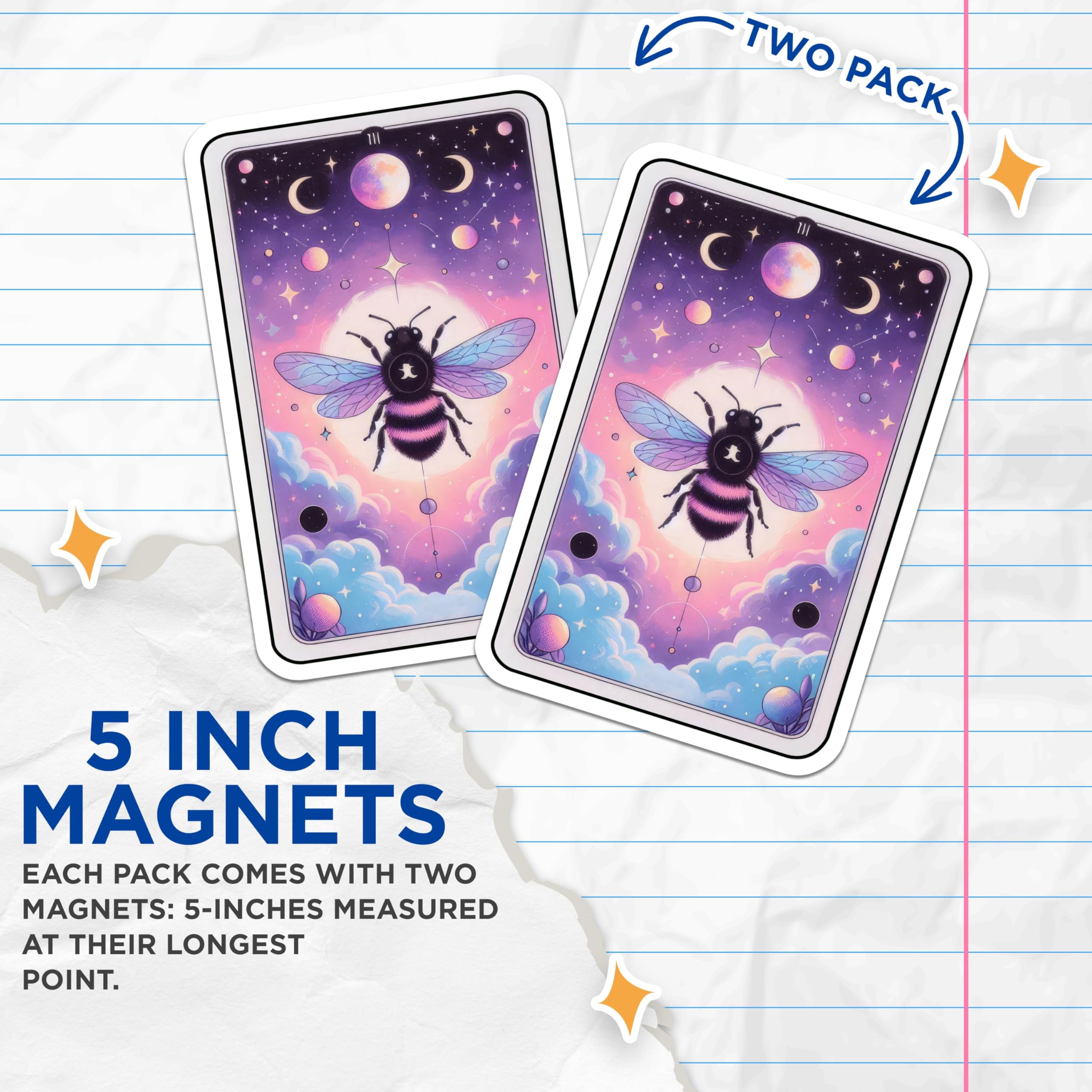 (2 Pack) Magical Bee Magnets - Celestial Moon Phase Artwork - Whimsical Starry Sky Insect Decor - Mystic Honeybee Design - 5 Inches On Longest Side - Thick Durable Magnet - Made in USA - MAG22378