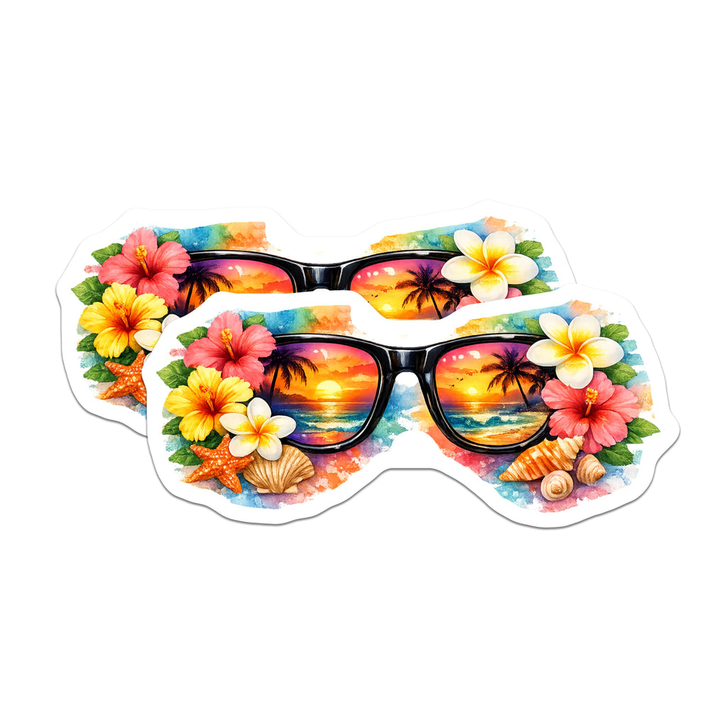 (2 Pack) Tropical Sunset Ocean Magnets - Beach Vacation Decor - Hawaiian Flowers Home Accent - 5 Inches On Longest Side - Thick Durable Magnet - Made in USA - MAG39635