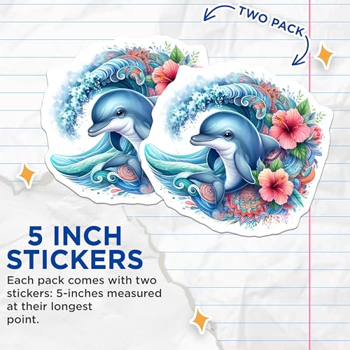 (2 Pack) Dolphin Mandala Stickers - Ocean Art - Marine Life Decals - 5" On Longest Side - Sticks to Smooth Flat Surfaces - Made in USA - BMCS9486