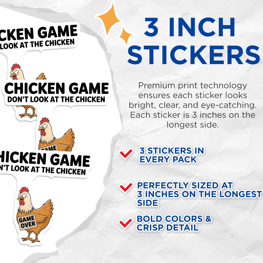(3 Pack) Chicken Game Decals - Funny Chicken - Game Over Stickers - 3 Inches On Longest Side - Easy Peel & Apply - Made in USA - 3MCS4366