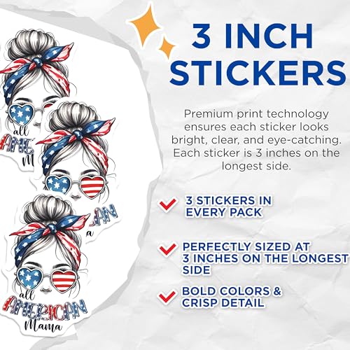 (3 Pack) American Mama Decals - Patriotic Decals - USA Flag Decals - 3 Inches On Longest Side - Easy Peel & Apply - Made in USA - 3MCS6205