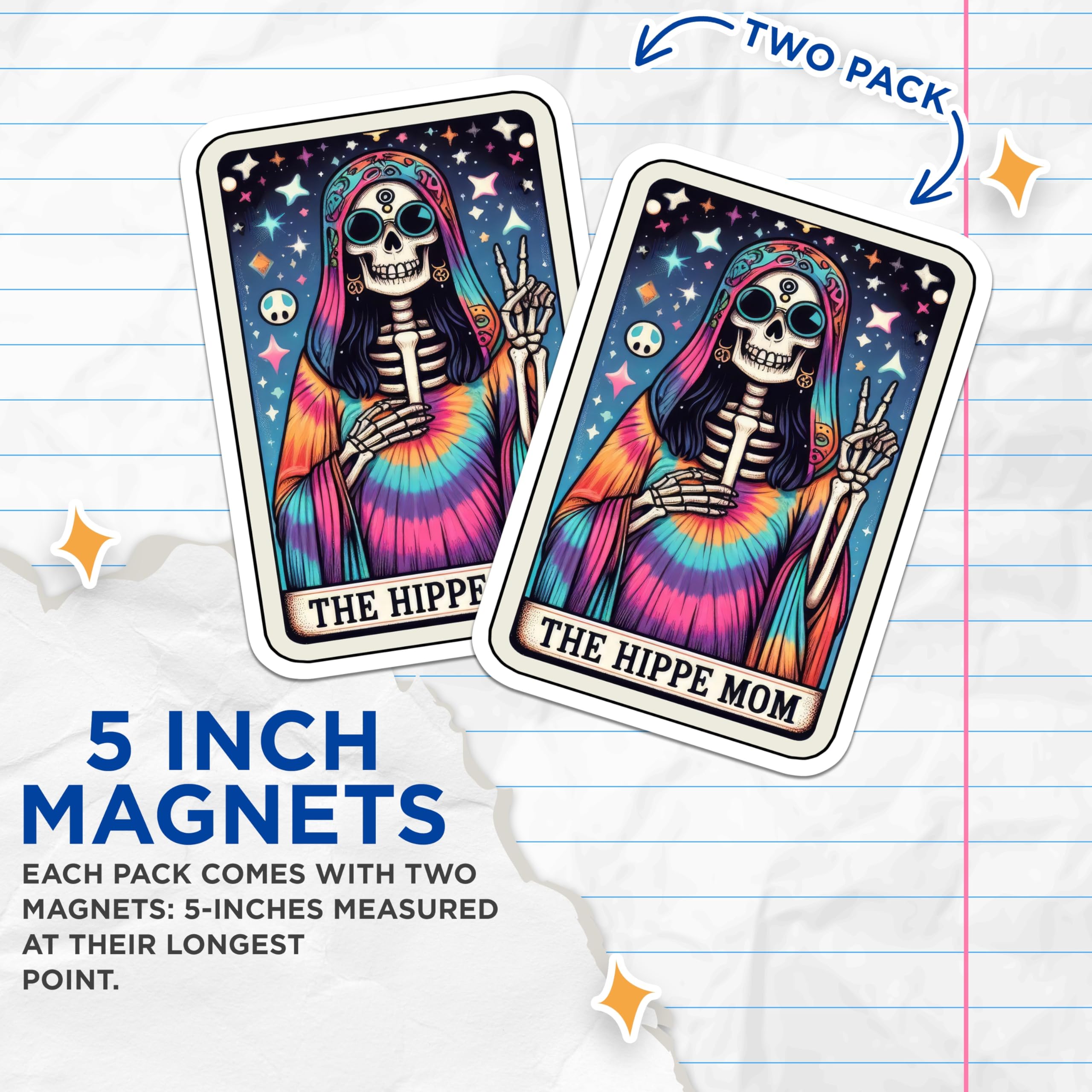(2 Pack) Hippie Mom Skeleton Magnets - Boho Tie Dye Fridge Decor - Funny Mom Accessories - 5 Inches On Longest Side - Thick Durable Magnet - Made in USA - MAG28612