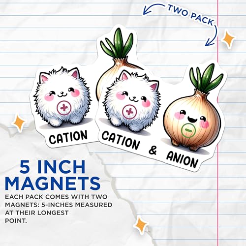 (2 Pack) Cation and Anion Magnets - Cute Chemistry Characters - Kawaii Science Classroom Decor - 5" On Longest Side - for Cars, Fridges, Toolboxes - Made in USA - MAG8031