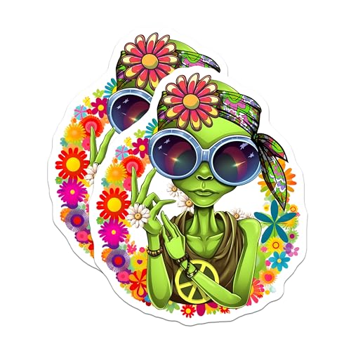 (2 Pack) Alien Hippie Stickers - Flower Power - Peace and Love - 5" On Longest Side - Sticks to Smooth Flat Surfaces - Made in USA - BMCS7762