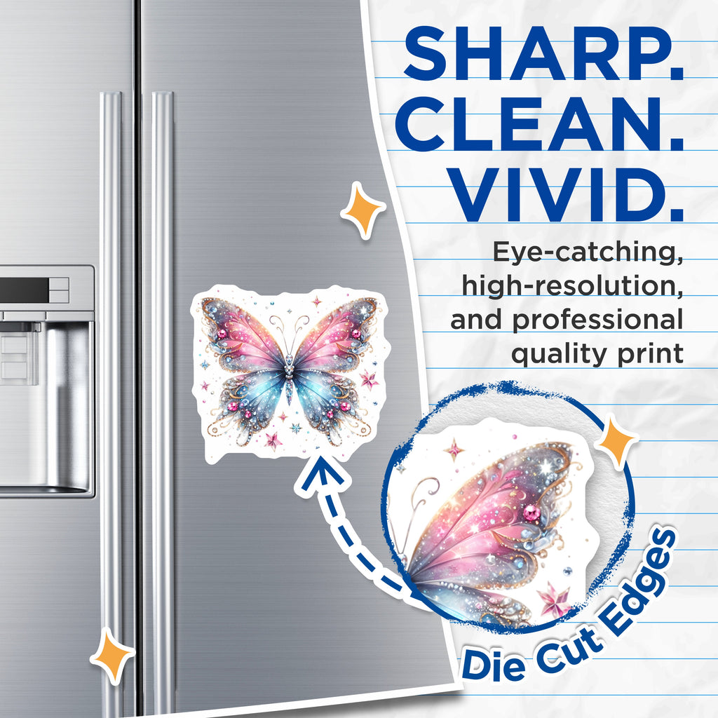 (2 Pack) Jeweled Butterfly Magnets - Sparkly Fairy Wing Aesthetic - Pink Blue Fantasy Celestial Refrigerator Decor Accent - 5 Inches On Longest Side - Thick Durable Magnet - Made in USA - MAG37619