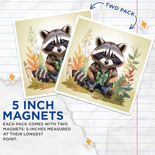 (2 Pack) Cute Raccoon Magnets Magnets - Animal Art Decor - Woodland Creature Illustration - 5" On Longest Side - Made in USA - Sticks to Refrigerators & Metal Surfaces - MAG8705
