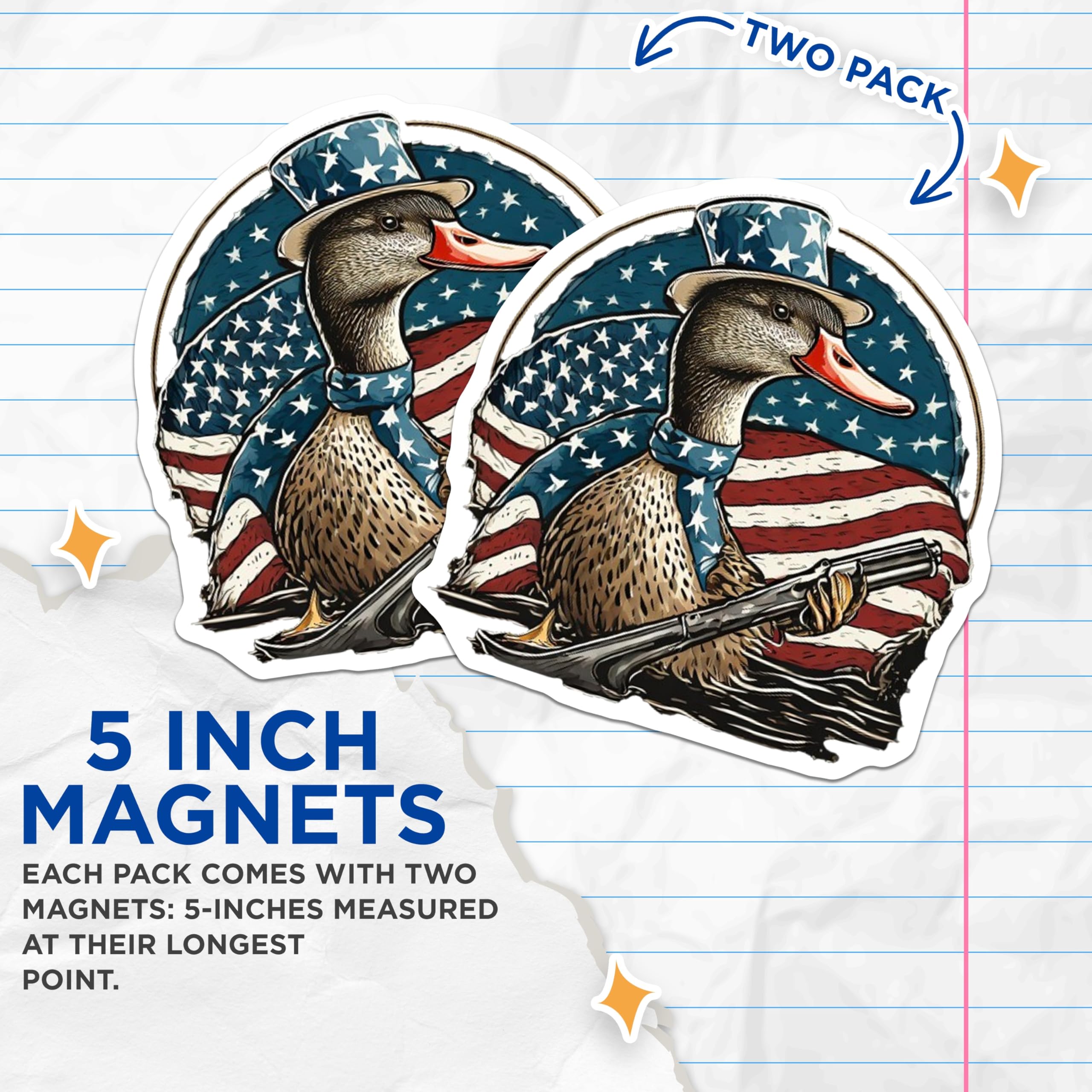 (2 Pack) Patriotic American Duck Hunting Magnets - Second Amendment USA Flag - Vehicle Refrigerator Locker Magnets - 5 Inches On Longest Side - Thick Durable Magnet - Made in USA - MAG21379