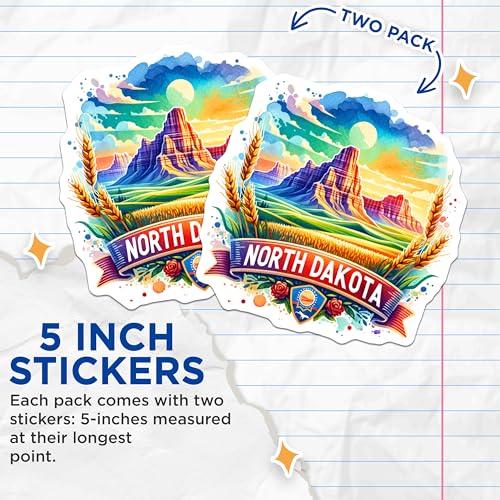 (2 Pack) North Dakota Stickers - Scenic Landscape - US State Souvenir Decal - 5" On Longest Side - Sticks to Smooth Flat Surfaces - Made in USA - BMCS7163