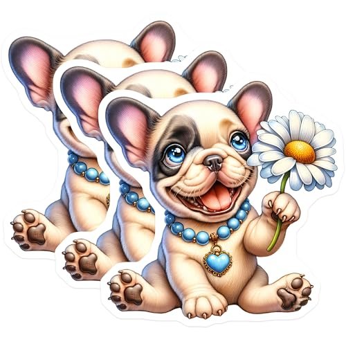 (3 Pack) French Bulldog Decals - Puppy with Flower - Laptop Decals - 3 Inches On Longest Side - Easy Peel & Apply - Made in USA - 3MCS8349