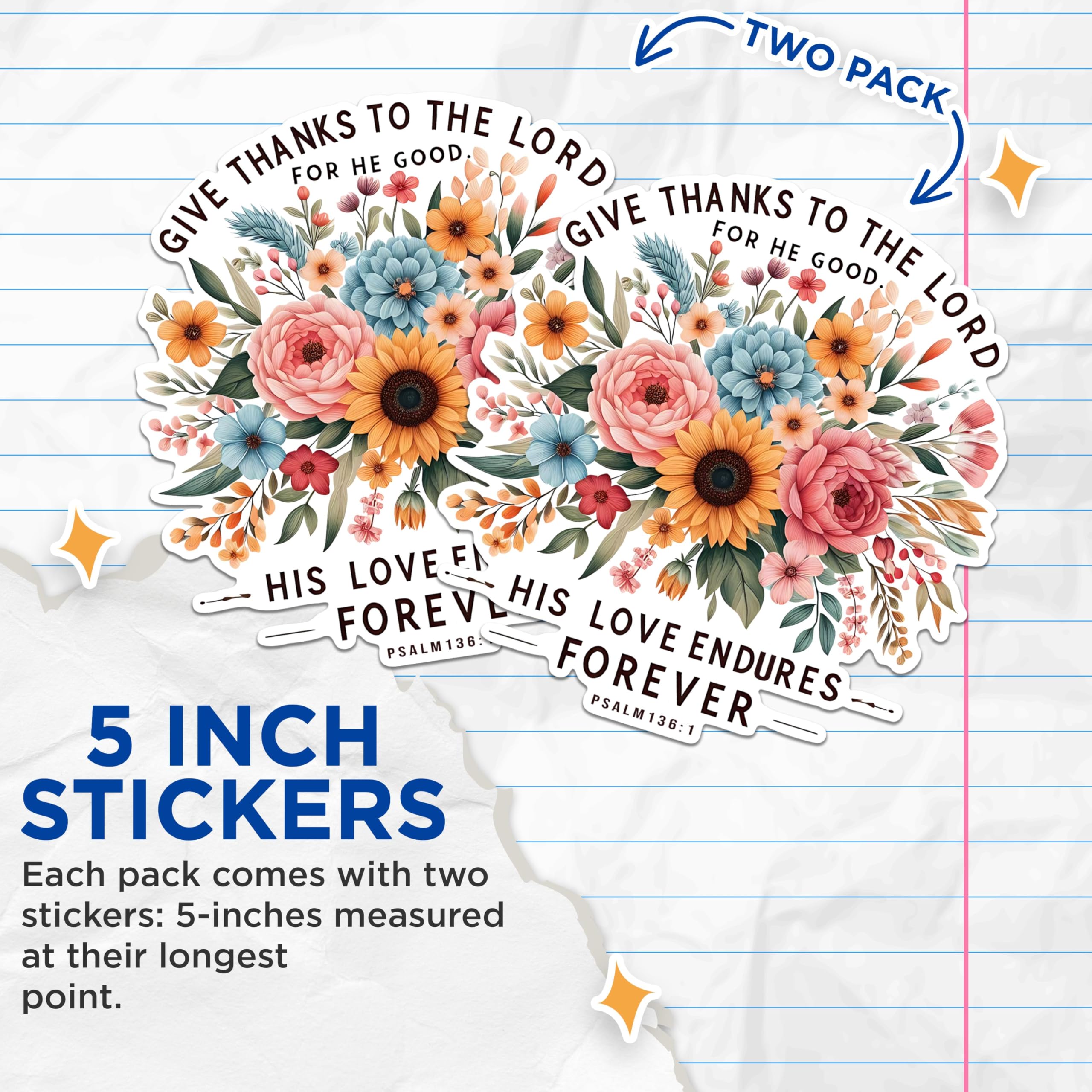 (2 Pack) Give Thanks to The Lord Stickers - His Love Endures Stickers - Psalm 136:1 Stickers - 5" On Longest Side - Sticks to Any Smooth Flat Surface - Made in USA - BMCS2838