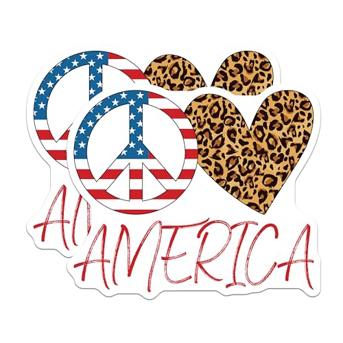 (2 Pack) Peace Love America Stickers - Patriotic Decal - Leopard Print Heart Stickers - 5" On Longest Side - Sticks to Smooth Flat Surfaces - Made in USA - BMCS5249