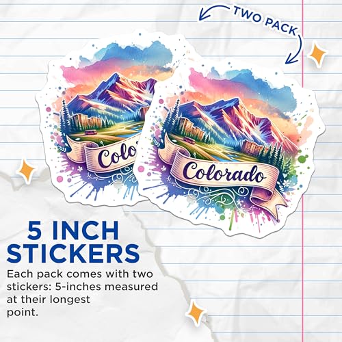 (2 Pack) Colorado Mountain Stickers - Travel Souvenir - Nature Landscape - 5" On Longest Side - Sticks to Smooth Flat Surfaces - Made in USA - BMCS7031