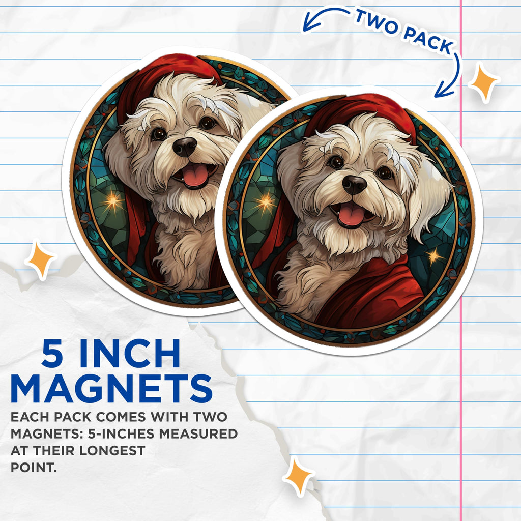 (2 Pack) Maltese Dog Magnets - Festive Christmas Puppy Art - Stained Glass Pet Lover Holiday Accent Decoration - 5 Inches On Longest Side - Thick Durable Magnet - Made in USA - MAG23842