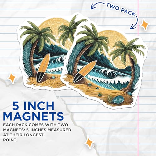 (2 Pack) Beach Waves Magnets Magnets - Surfboard Decor - Coastal Ocean Scene - 5" On Longest Side - Made in USA - Sticks to Refrigerators & Metal Surfaces - MAG9260