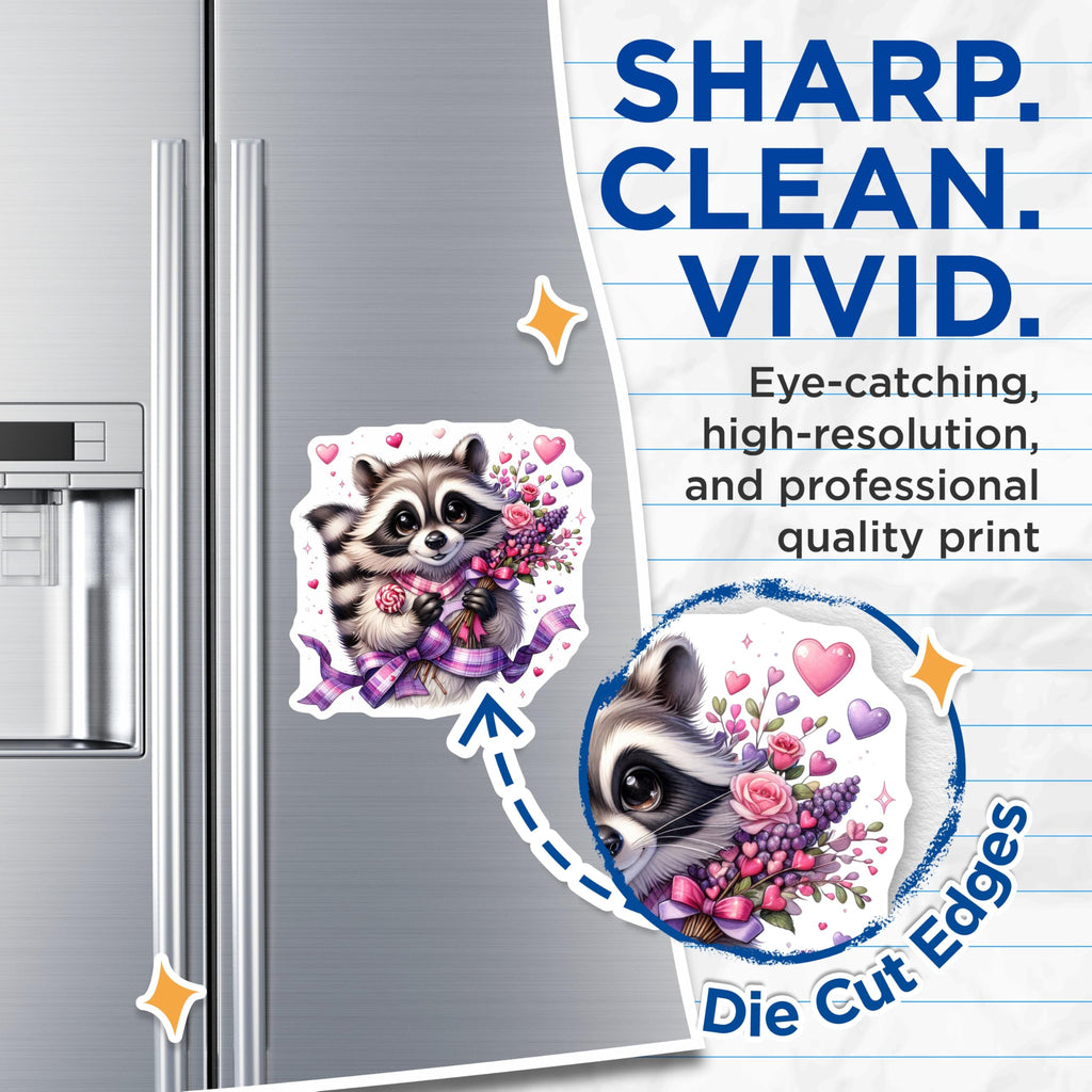 (2 Pack) Charming Raccoon Magnets with Flowers - Sweet Valentine Theme Animal Art - Adorable Love Hearts Whimsical Decor - 5 Inches On Longest Side - Thick Durable Magnet - Made in USA - MAG22711
