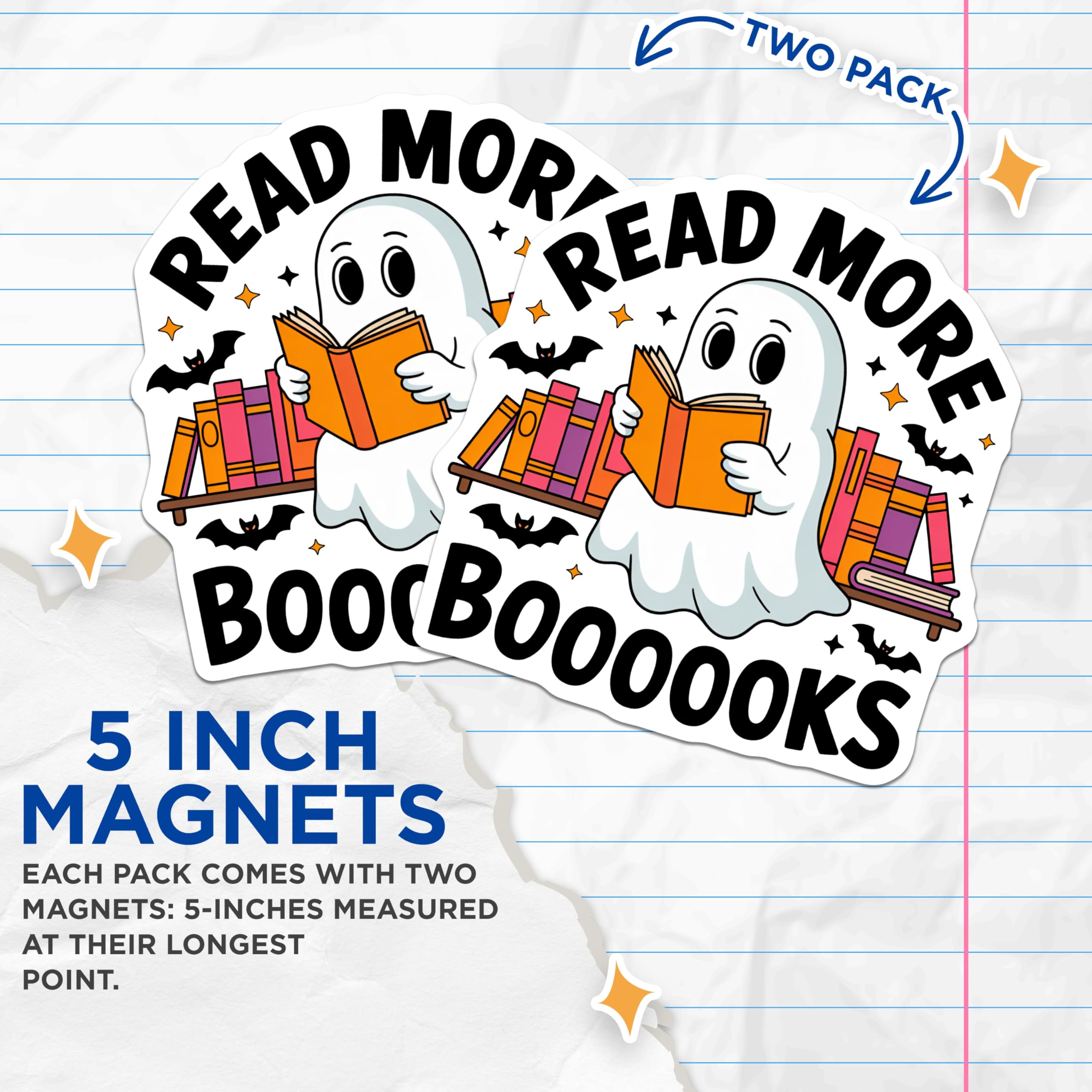 (2 Pack) Ghost Reading Books Magnets - Halloween Bookworm Decor - Spooky Literary Reader - Cute Ectoplasm Library Enthusiast - 5 Inches On Longest Side - Thick Durable Magnet - Made in USA - MAG19395