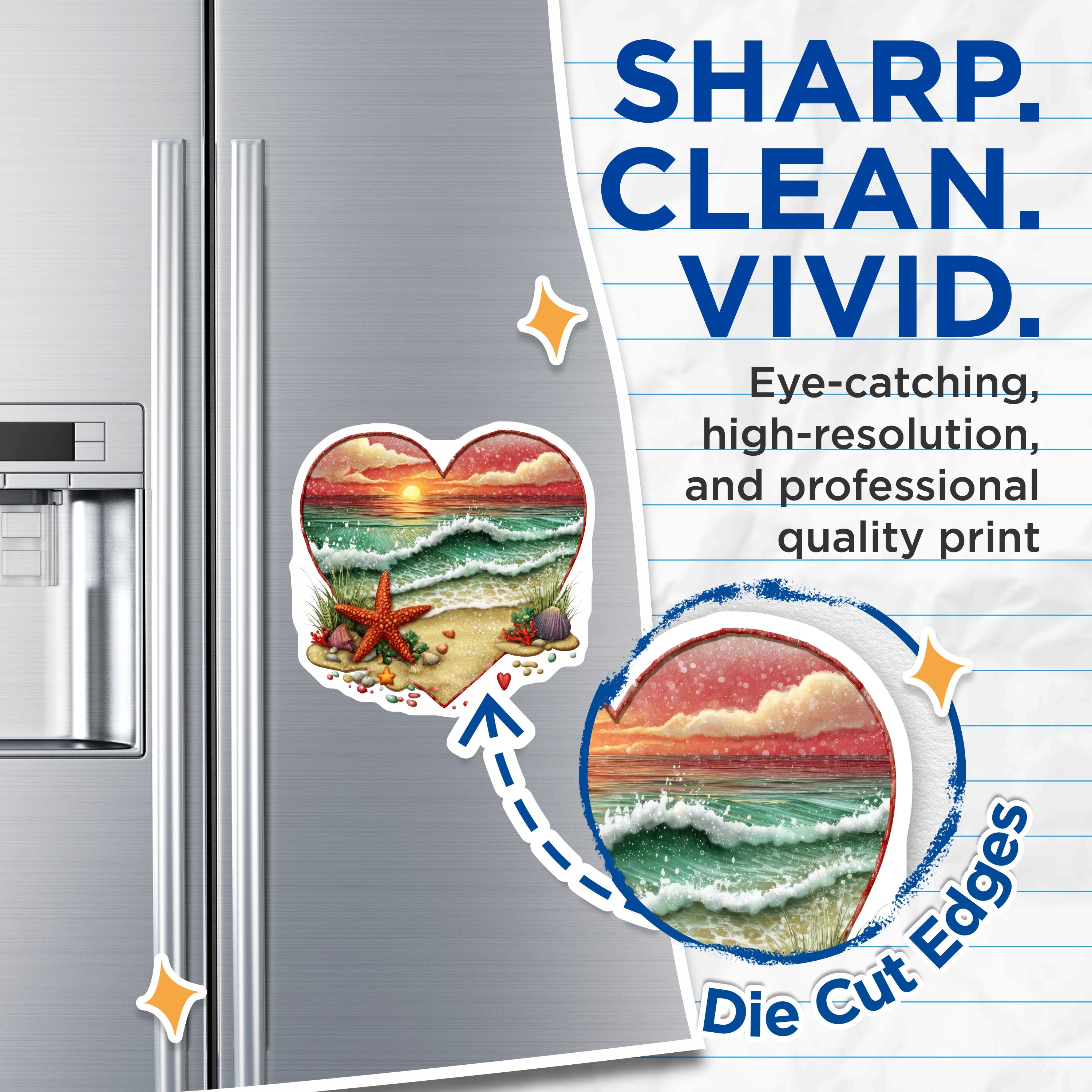 (2 Pack) Beach Sunset Magnets - Coastal Ocean Starfish Heart - Tropical Fridge Decor Seashells - 5 Inches On Longest Side - Thick Durable Magnet - Made in USA - MAG39665