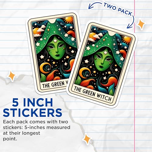 (2 Pack) The Green Witch Stickers - Fantasy Art - Celestial Aesthetic Witchcraft Mystical - 5" On Longest Side - Sticks to Smooth Flat Surfaces - Made in USA - BMCS5422