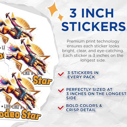 (3 Pack) Rodeo Star Decals - Cowboy Horse Rider - Western Decals- 3 Inches On Longest Side - Easy Peel & Apply - Made in USA - 3MCS5224