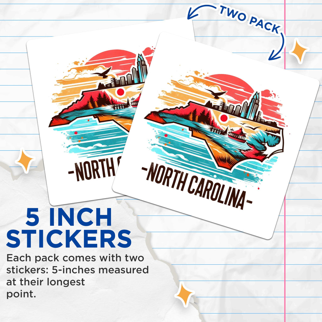 (2 Pack) North Carolina Map Stickers - State Landmark Sticker - Travel Destination Stickers - 5" On Longest Side - Sticks to Smooth Flat Surfaces - Made in USA - BMCS5223
