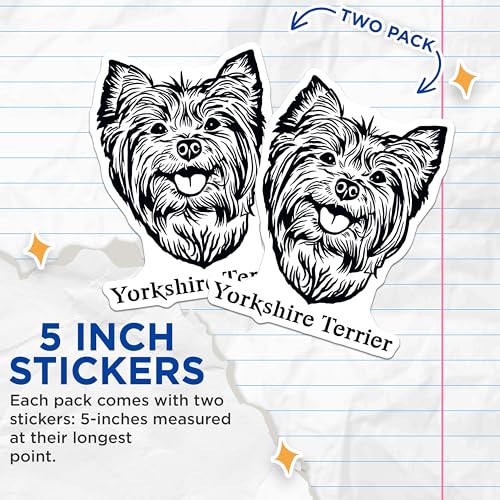 (2 Pack) Yorkshire Terrier Dog Stickers - Cute Dog Breed Stickers - Pet Lover Stickers - 5" On Longest Side - Sticks to Smooth Flat Surfaces - Made in USA - BMCS4022