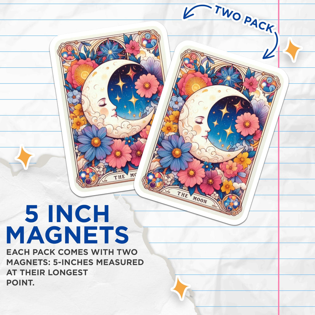 (2 Pack) The Moon Tarot Card Magnets - Mystical Celestial Floral Fridge Decor - Spiritual Intuition Artwork Magnets for Home - 5 Inches On Longest Side - Thick Durable Magnet - Made in USA - MAG21967
