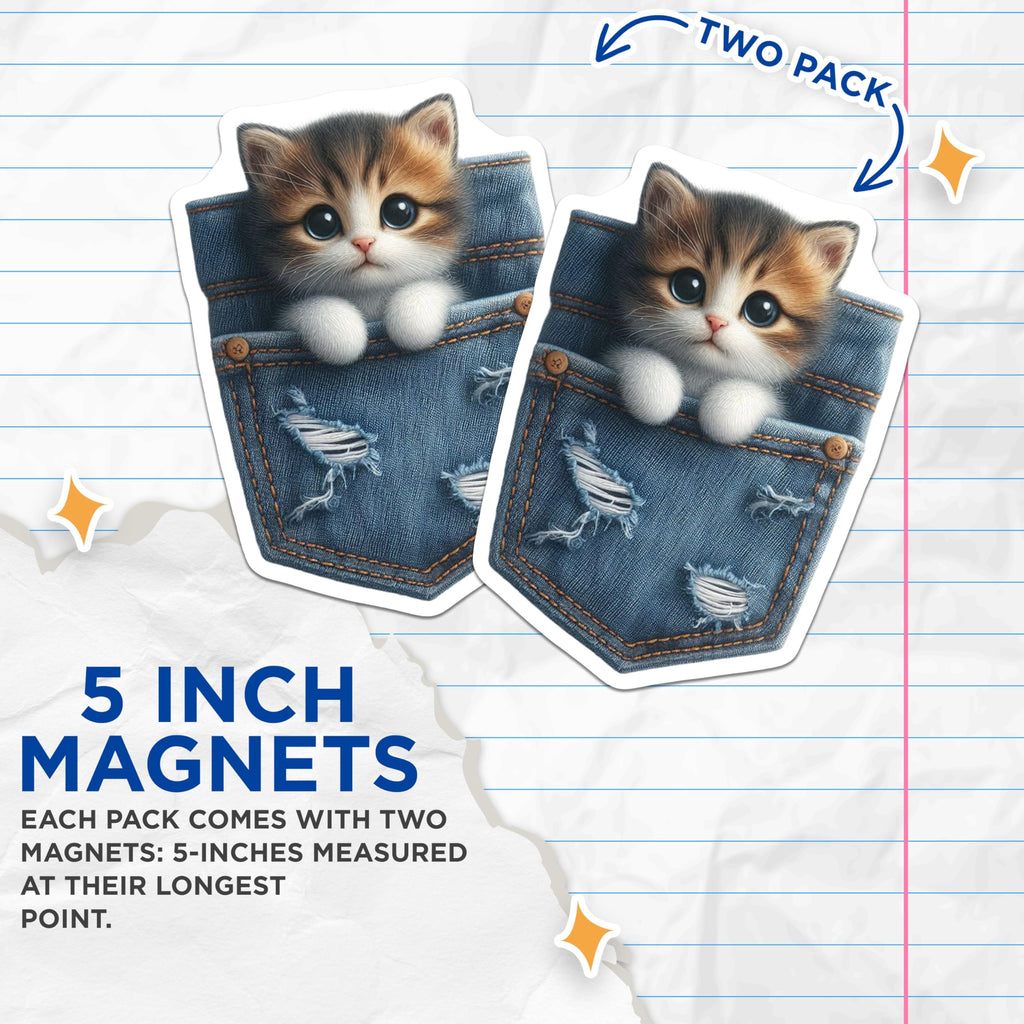 (2 Pack) Kitten in Pocket Magnets - Cute Cat Decor - Fridge Locker Magnets - 5" On Longest Side - Premium Magnet - for Cars, Refrigerators, Toolboxes, Lockers - Made in USA - MAG15613