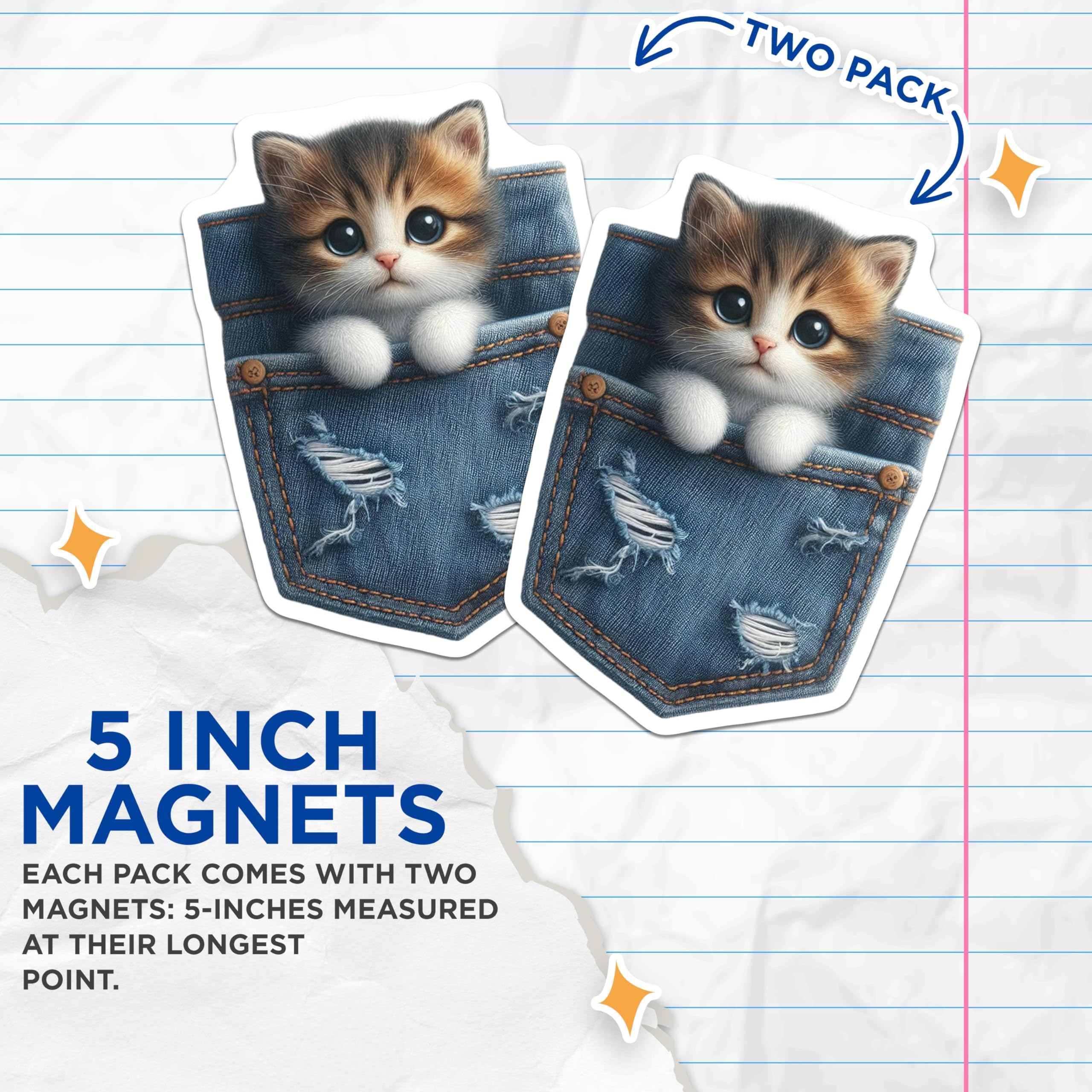 (2 Pack) Kitten in Pocket Magnets - Cute Cat Decor - Fridge Locker Magnets - 5" On Longest Side - Premium Magnet - for Cars, Refrigerators, Toolboxes, Lockers - Made in USA - MAG15613