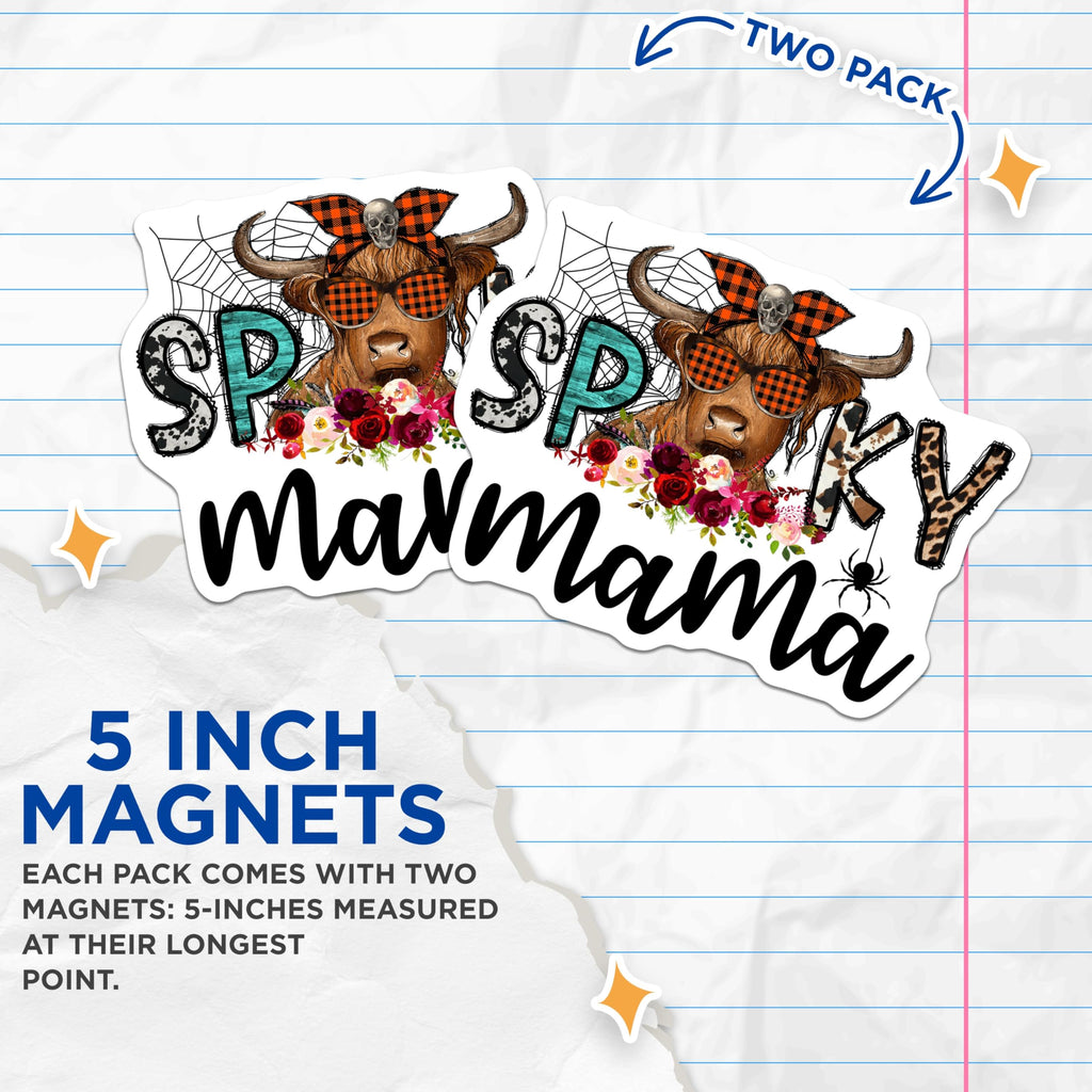 (2 Pack) Spooky Mama Magnets - Highland Cow Decor - Western Halloween Refrigerator Art - 5 Inches On Longest Side - Thick Durable Magnet - Made in USA - MAG27442