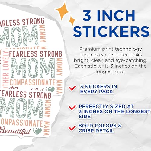 (3 Pack) Mom Word Art Decals - Fearless Strong - Laptop Decor- 3 Inches On Longest Side - Easy Peel & Apply - Made in USA - 3MCS5201